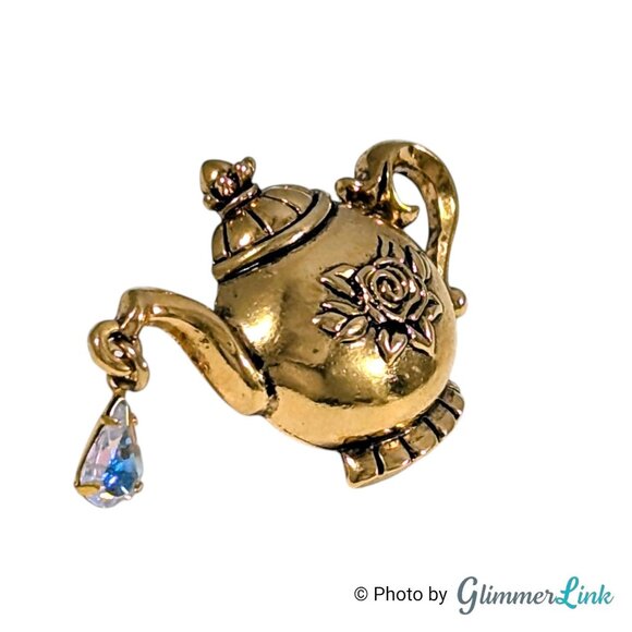 Vintage 1994 Avon Tea Time Tac Pin Gold Teapot Brooch Crystal Drop Book Piece - Picture 2 of 8